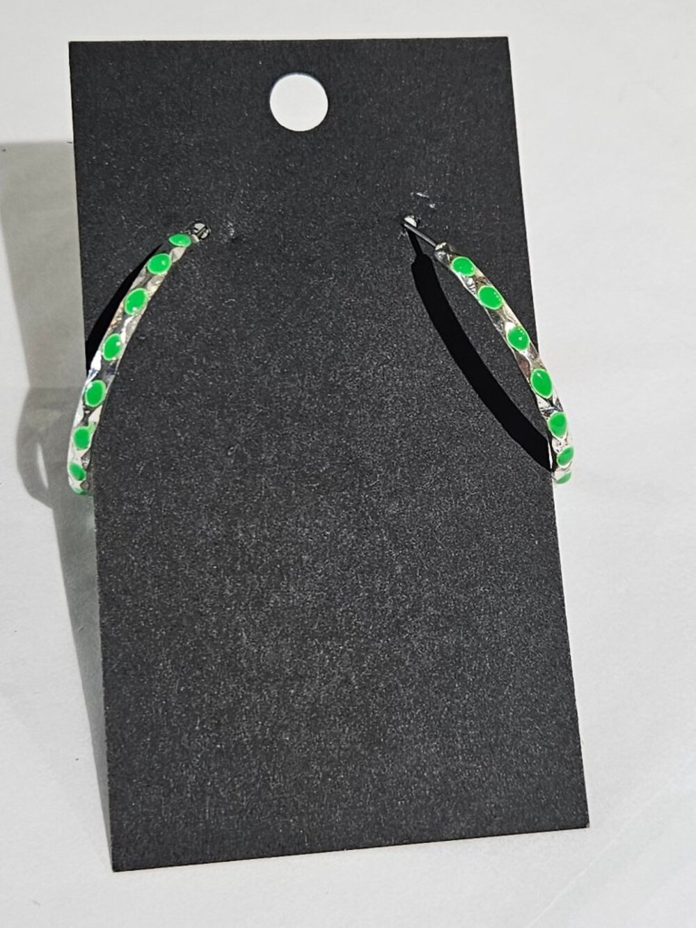 Vintage Silvertone Hoop Earrings Green Enamel 1.25 inches